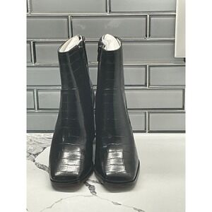 Lisa Vicky Craze V Black Croco Pu Block Heel Ankle Boots Size 8 Med